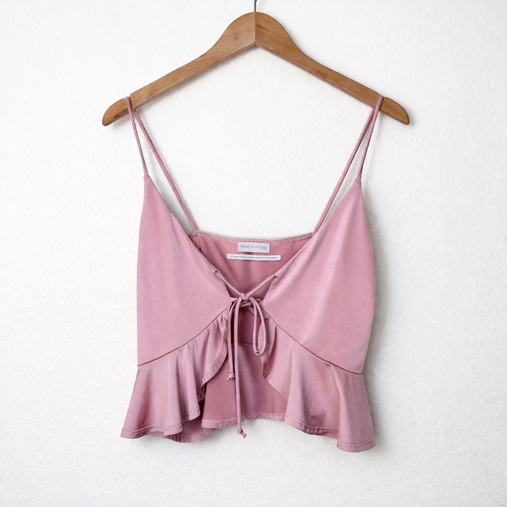 Urban Outfitters Pink Satin Tie Front Cami Crop Top Ruffle Hem Size S